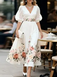 French Chic Rose Print V-Neck Long Dress, Puff Sleeve Waist-Cropped, Elegant Slim Fit for Dates, Tea Parties, Weddings, Vacations