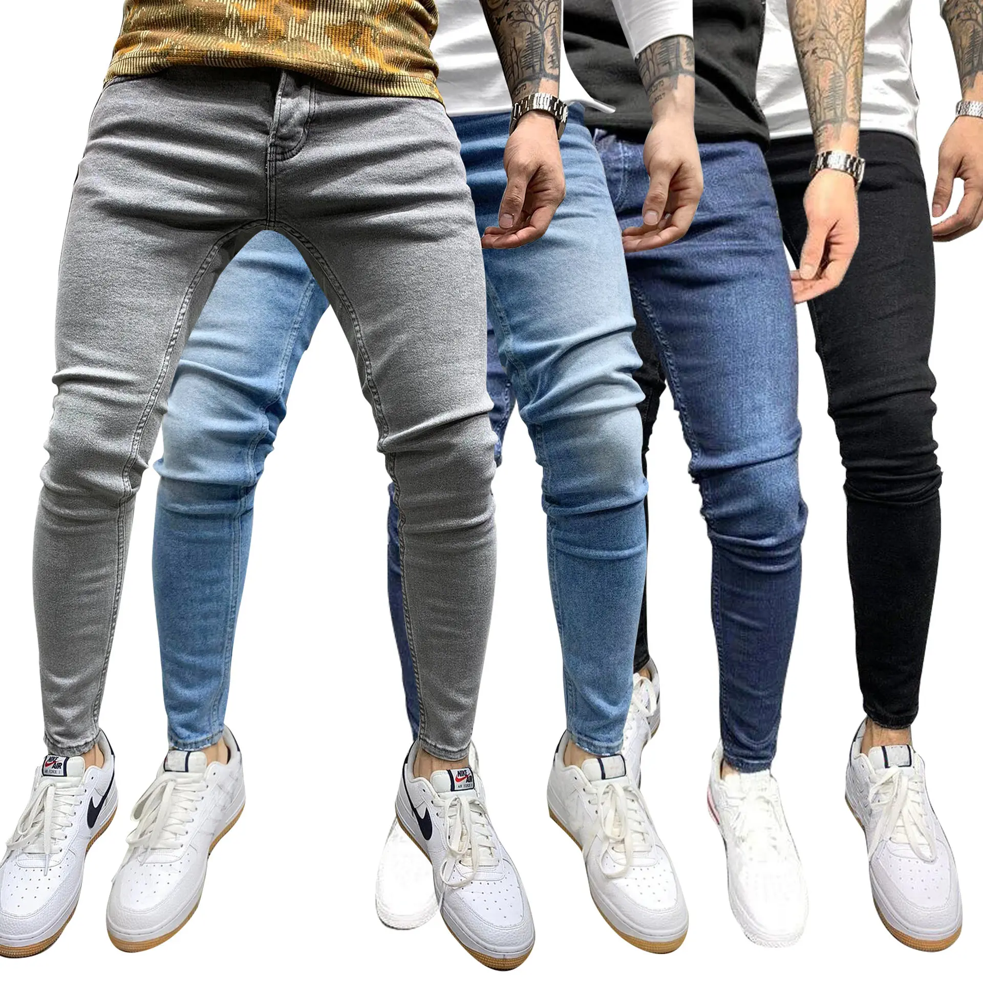 Men's Gray Denim Jeans in a Gothic Punk Aesthetic, Slim-Fit Stretchy Colorblock Pants with Zipper Details, Long Style for Christmas, Streetwear, Pocket, Fashion