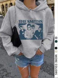 Women's Loose-Fit Hooded Sweatshirt, Letter & Band Print, Casual Fall Winter Wear, Thick Kint Fabric, Daily Outdoor