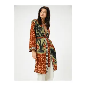 Koton Long Belted Patterned Kimono – Brown