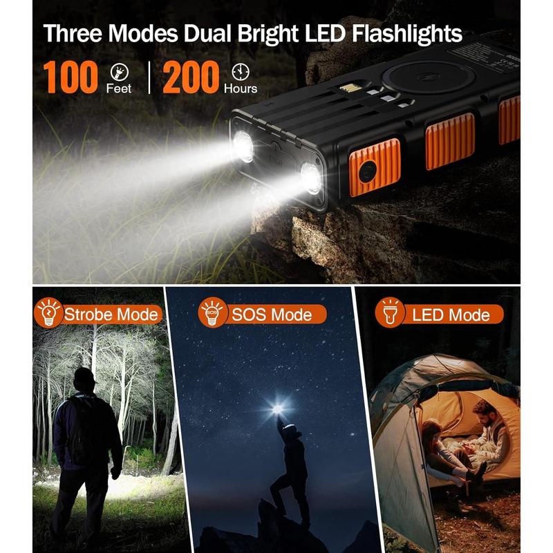 Power Bank Wireless Charger 45800mAh Built in Hand Crank and 4 Cables 15W Fast Charging Power Bank 7 Outputs & 4 Inputs Solar Portable Charger, SOS/Strobe/Strong Flashlights, Compass