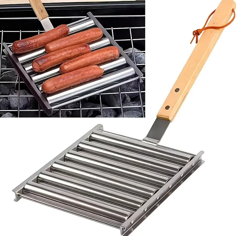 Stainless Steel Hot Dog Roller for Grill + Metal Spatula with Long Wooden Handle, BBQ Hot Dog Rack for Griddle 6 Rollers for Holding 5 Hot Dogs - Outdoor BBQ Essentials