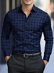 Men's Fashion Classic Formal Print Wine Plaid Collared Shirt, Party Casual Gathering, All-Season Long Sleeve Button-Up, Versatile Outdoor Wear, Menswear