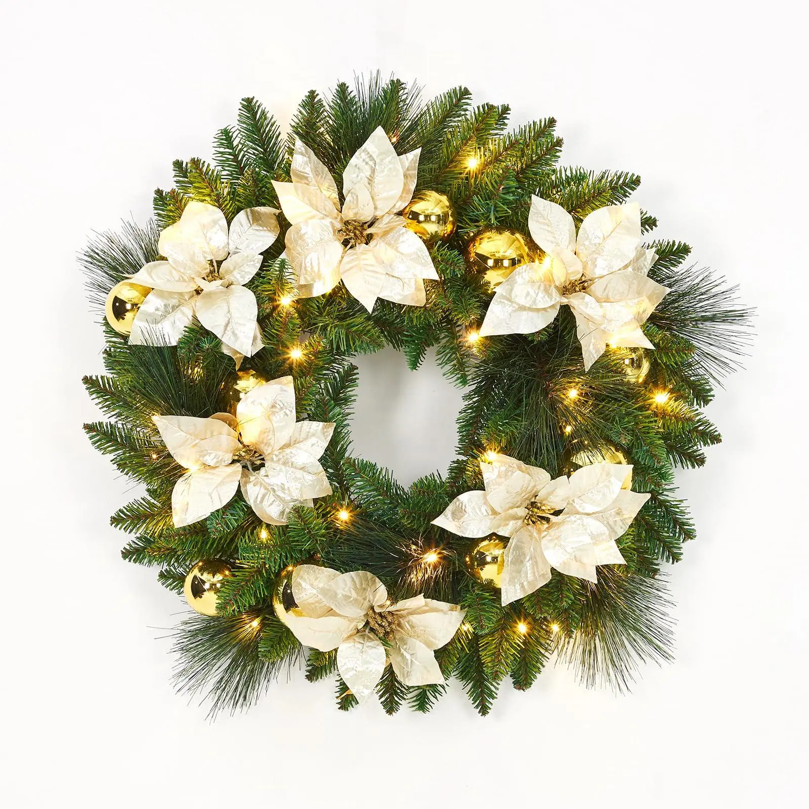 Elegant 24 Inch Pre-Lit Christmas Wreath with Pine Cones & Berries, Full-Body Winter Wreath for Front Door, Indoor Outdoor Holiday Decorations, Gold Wreath