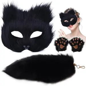 4-Piece Fox Cat Costume Set, Artificial Leather Mask, Fluffy Gloves, Soft Tail, Role Play Party Props, Halloween Christmas Decor