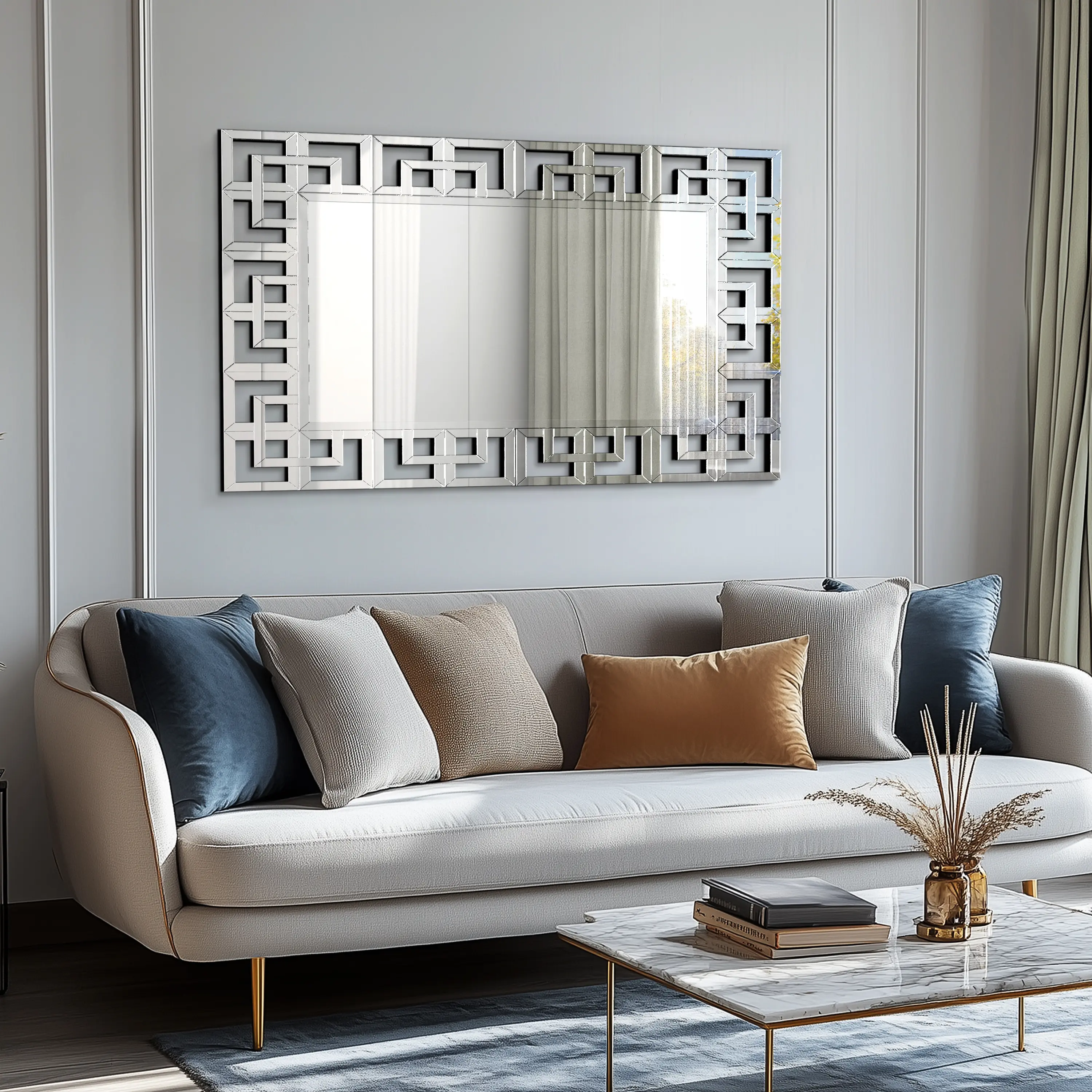Silvery Grecian Venetian Geometric Wall Mirror, Beveled Glass Frame Border, MDF Backing, Tropical Home Decor with Sharp Reflection for Hanging