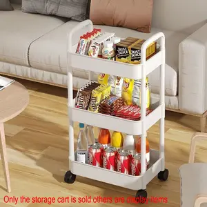 3-Tier Rolling Storage Cart Plastic Organizer Shelf With Wheels Portable White Black Utility Cart Easy Install Medium Capacity For Home Kitchen Bathroom Daily Storage