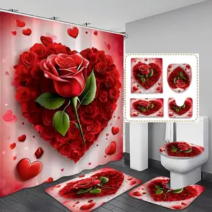 Creative Rose Heart Love Theme Shower Curtain Set, Includes Toilet Seat Cover, Bath Mat, 12 Hooks, Bathroom Supplies, Perfect Bathroom Decor Gift