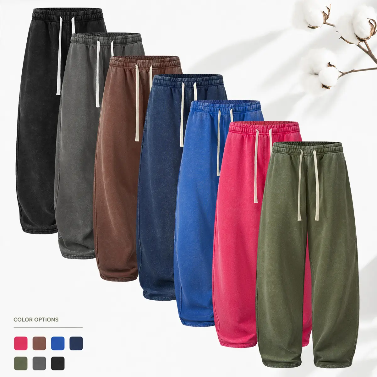1/2PCS Vintage washed sweatpants made of snowflake cotton, wide-leg, drawstring elastic waistband, loose straight cut, available in multiple colors, casual drapes well, athletic long pants