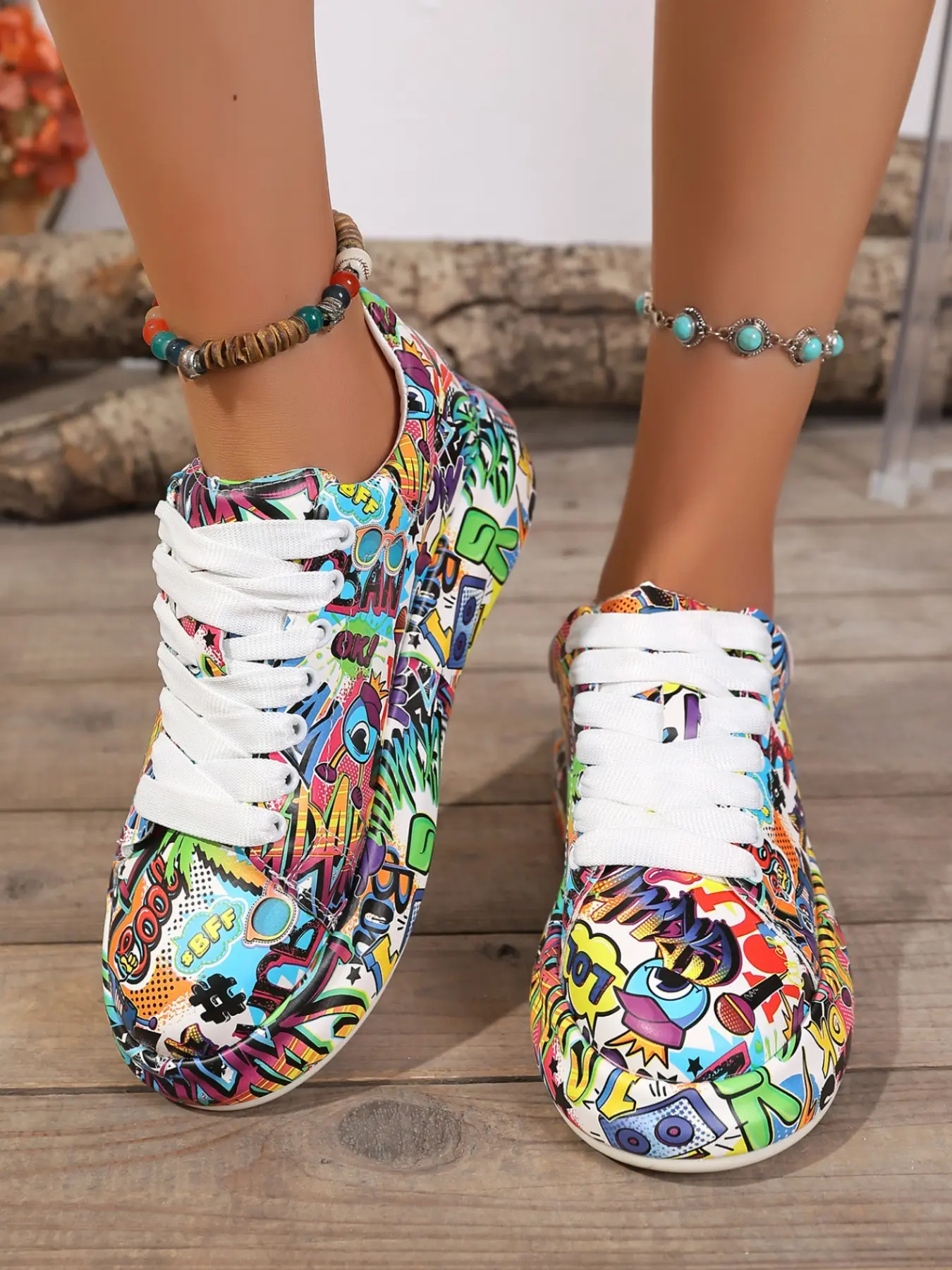 Vintage Graffiti Print Women's Casual Shoes, Trainer, Sneaker, Casual Sneakers, Sports Shoes, Walking Shoes, PU Leather, Rubber, All Seasons, Pop Art Print, Waterproof, Anti-Slip, Comfortable, Versatile