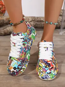 Vintage Graffiti Print Women's Casual Shoes, Trainer, PU Leather, All Seasons, Pop Art Print, Waterproof, Anti-Slip, Comfortable, Versatile