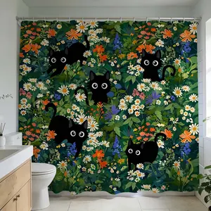 1 Pc Black Cat Pattern Shower Curtain, Bathroom Accessory, Home Goods, for Botanical Bathroom Makeover Featuring Vibrant Floral Designs and Playful Kitty Accents Ideal for Home & Nature Inspired Decor Enhance Space with Unique Stylish Design