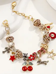 Leopard Print Charm Bracelet, 777 and Shiny Bead Bracelet, Y2K Retro Stackable Women's Jewelry, Daily Wear Accessory