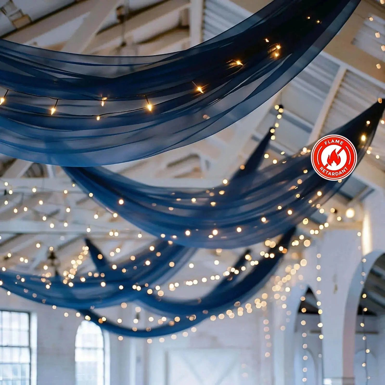 Navy Blue Chiffon Ceiling Drapery Tent - Durable, Flame-Resistant 5ftx32ft Curtain Backdrop Panel with Rod Pocket for Graduation, Quinceanera Decor, Fabric Festive Backdrops & Banners (Home, Party Supplies), Tents