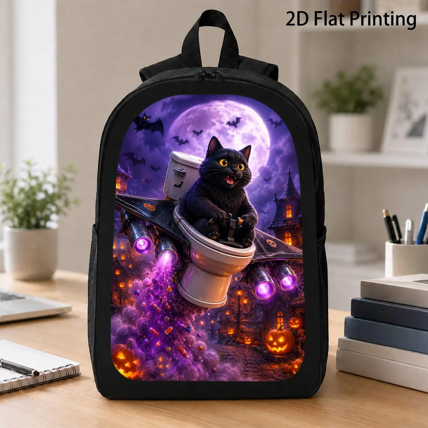 Halloween Holiday Graphic Backpack, Black Cat Piloting Jet Toilet Over Gothic Town, Full Moon, Pumpkins, Bats & Candy Scene, 2D Flat Print Travel Laptop Backpack