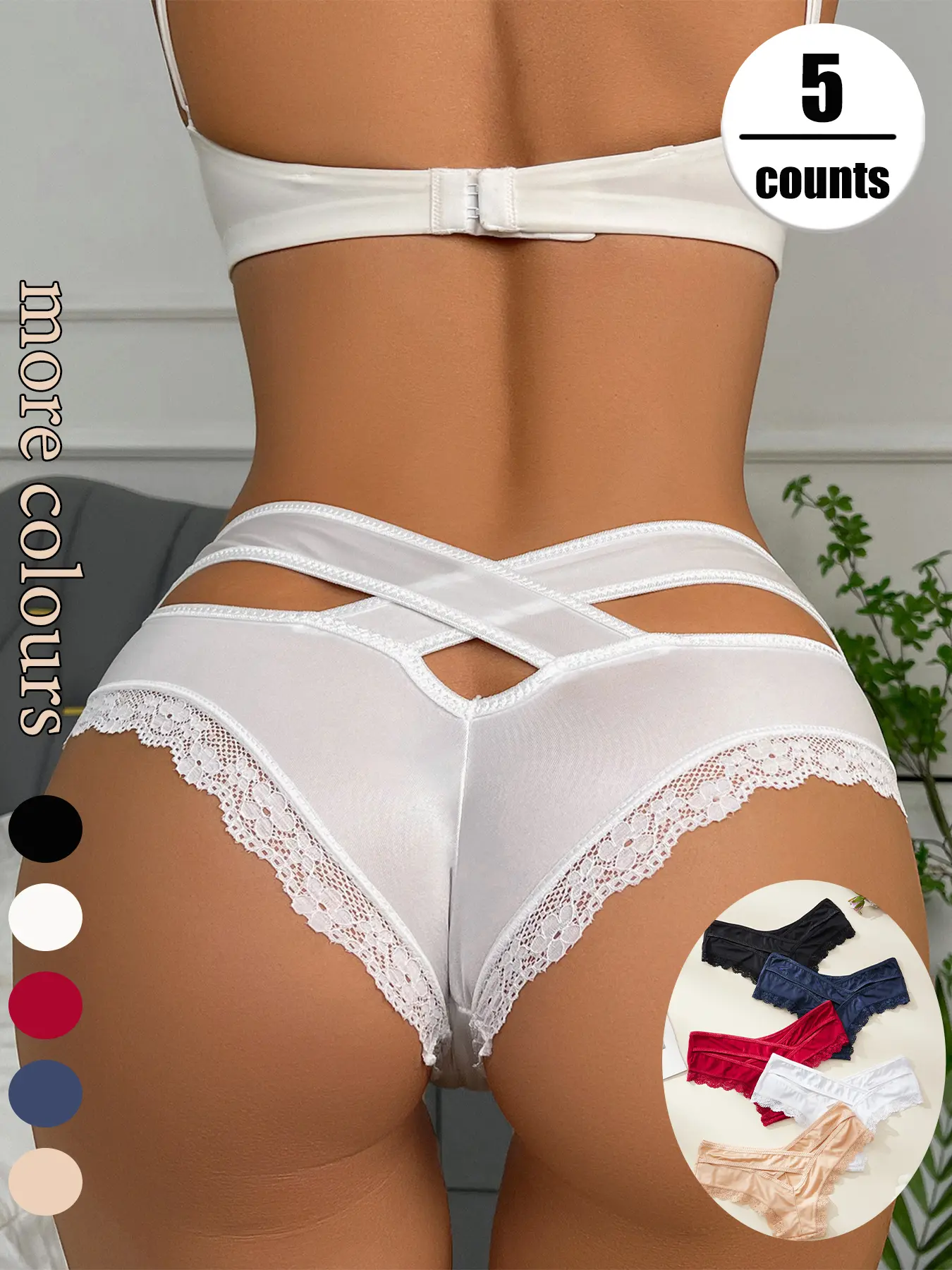 5 Pack Women's Shiny Rhinestone Decor Panties, Hollow Out Lace Underwear, Back Criss Cross Strap Design, Sexy Elegant Chic Set, Multiple Colors, Breathable Comfy Innerwear, Breathable Stretch Underwear, Breathable Knickers