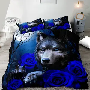 Wolf & Rose Pattern Bedding Set, 2/3 Counts/set Including 1 Count Duvet Cover & 1/2 Counts Pillowcase, Soft Comfortable Bedding Set for Home Bedroom