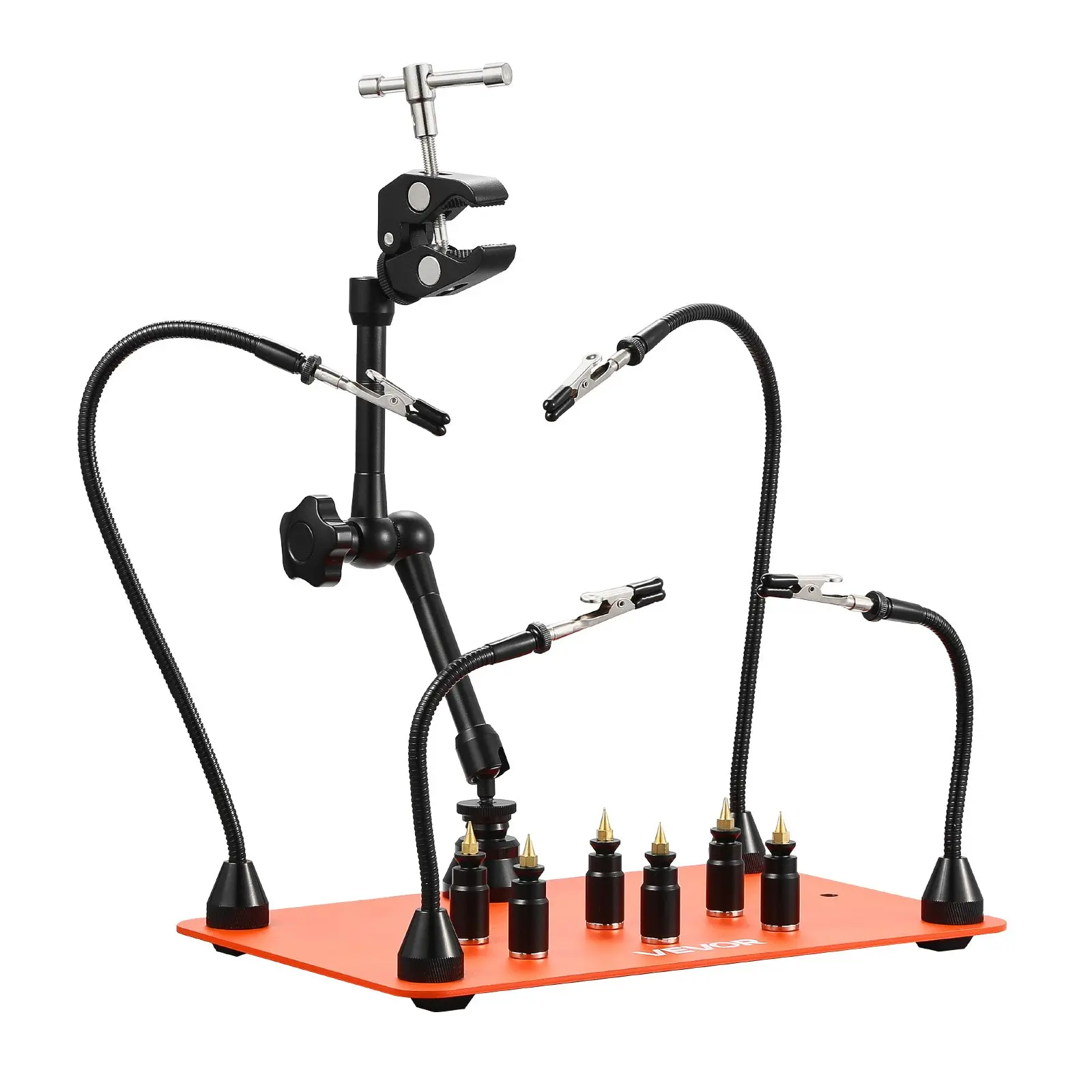 VEVOR Magnetic Helping Hands Soldering Station - 4 Flexible Arms Third Hand Tool, 6 PCB Pillar Holders, 360-Degree Hot Air Gun Holder, Heavy-Duty Base Soldering Helper for Electronic Repair, Craft