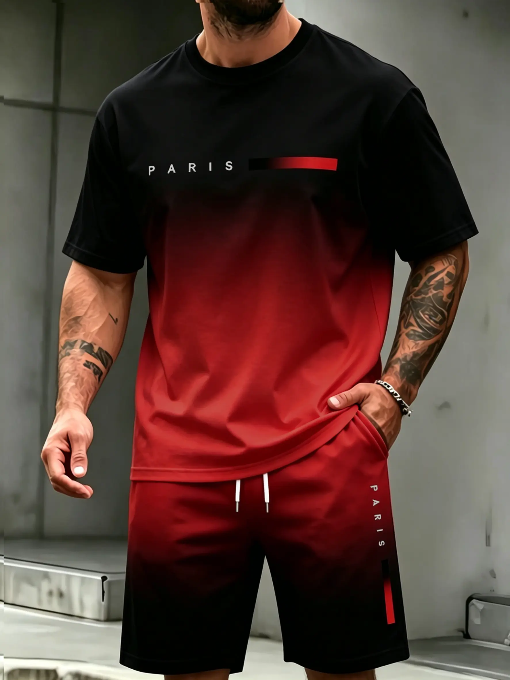 Graduated letter print "PARIS" round-neck short-sleeve T-shirt and shorts two-piece set with drawstring and pockets, casual and stylish outfit suitable for summer outdoor wear fathersdaygift Crewneck Shortsleeve