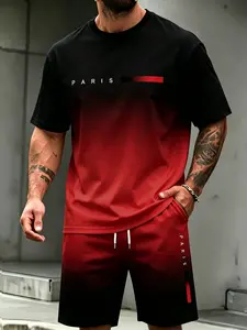 Graduated letter print "PARIS" round-neck short-sleeve T-shirt and shorts two-piece set with drawstring and pockets, casual and stylish outfit suitable for summer outdoor wear fathersdaygift