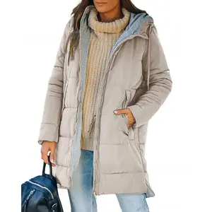 Womens Warm Puffer Down Jacket Hooded Winter Casual Lightweight Mid Quilted Coat with Pockets Womenswear Fashion Beige Fitted Outerwear5211