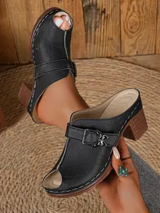 Summer New Retro Fish Mouth Thick Heel Mules for Women, Outdoor Cool Rubber Slippers, Versatile Commuter Shoes, Fashionable and Comfortable