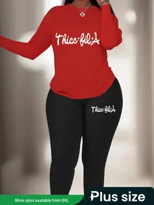 【Plus Size】 Two-Piece Set Letter Print Tee & Skinny Pants, Casual Round Neck Long Sleeve Top & Trousers for Daily Wear, Women's Two-piece Outfits for Fall & Winter, Womenswear