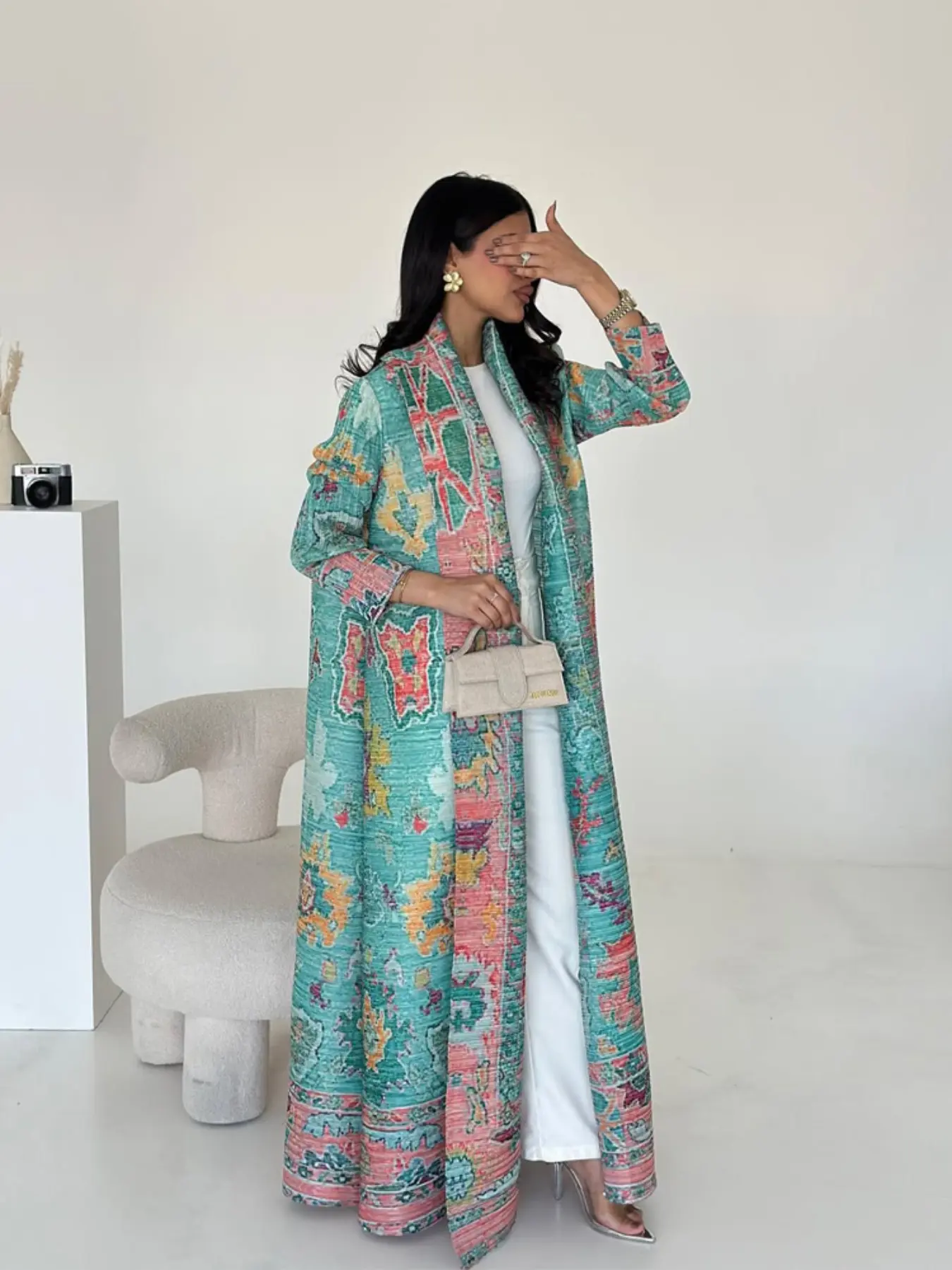 Muslim Women Loose Fit All-Season Pleated Print Robe Coat, Ethnic Pattern Casual Jacket, Comfortable Daily Wear, Ideal for Heights 165cm+