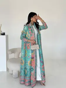 Muslim Women Loose Fit All-Season Pleated Print Robe Coat, Casual Loose-Fitting Kimono Jacket, Ethnic Pattern, Comfortable and Stylish, Perfect for Daily Wear