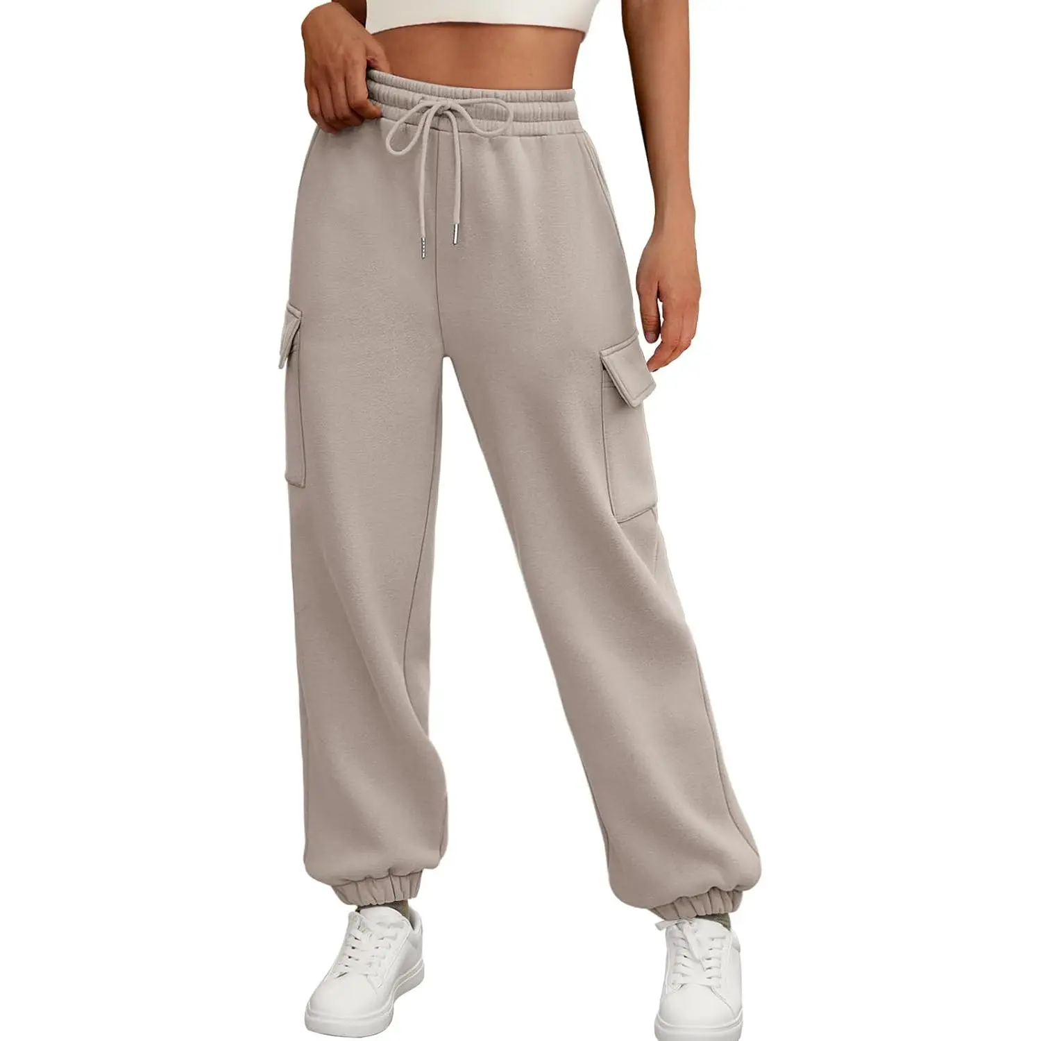 Women's Baggy Cut Fleece Lined Cargo Joggers - Workout Sweatpants with Pockets, Coffee Grey/Grey Loose-Fitting Athletic Pants for Casual Fall Wear