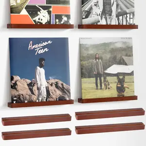 Solid Wood Vinyl Record Shelf Wall Mount, 4 Pack Floating Shelves for LPs, CD, Album Holder Wall Display, Elegant Wooden Ledge for Vinyl Record Storage, Vintage Home Decor, Brown