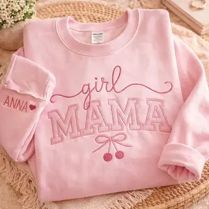 Personalized Girl Mama with Name on Sleeve Embroidered Sweatshirt, Pregnancy Announcement Girl Shirt, Mama of Girl Shirt, Mother's Day Gifts