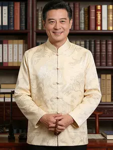 Chinese Dragon Embroidered Tang Suit Top, New Traditional Men's Kung Fu Style Stand Collar Silk Long Sleeve Shirt, Home Wear