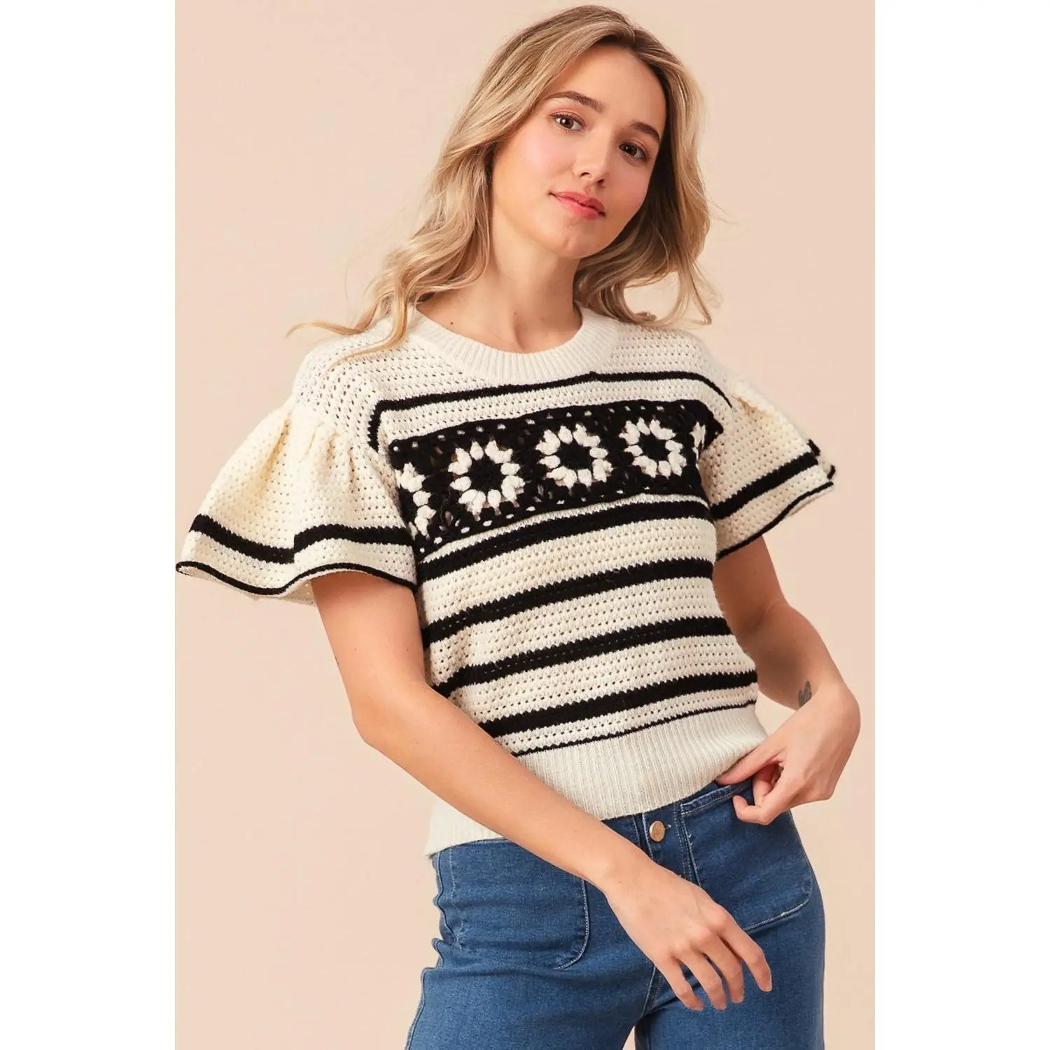 Granny Square Short Sleeve Striped Sweater
