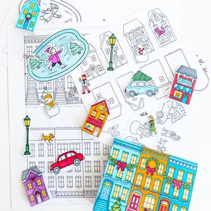 A Brighter Year Color-Your-Own Winter Village Bundle - DIY Craft Kit, Mini Coloring Book, and Colorable Sticker Sheet - Pop-Up Christmas Decor and Gift