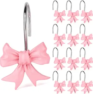 12Pcs Bow Knot Shower Curtain Hooks,Home Decorative Shower Curtain Rings for Bathroom,Resin Shower Curtain Hangers Bathroom Accessories (Pink) EVOOKA