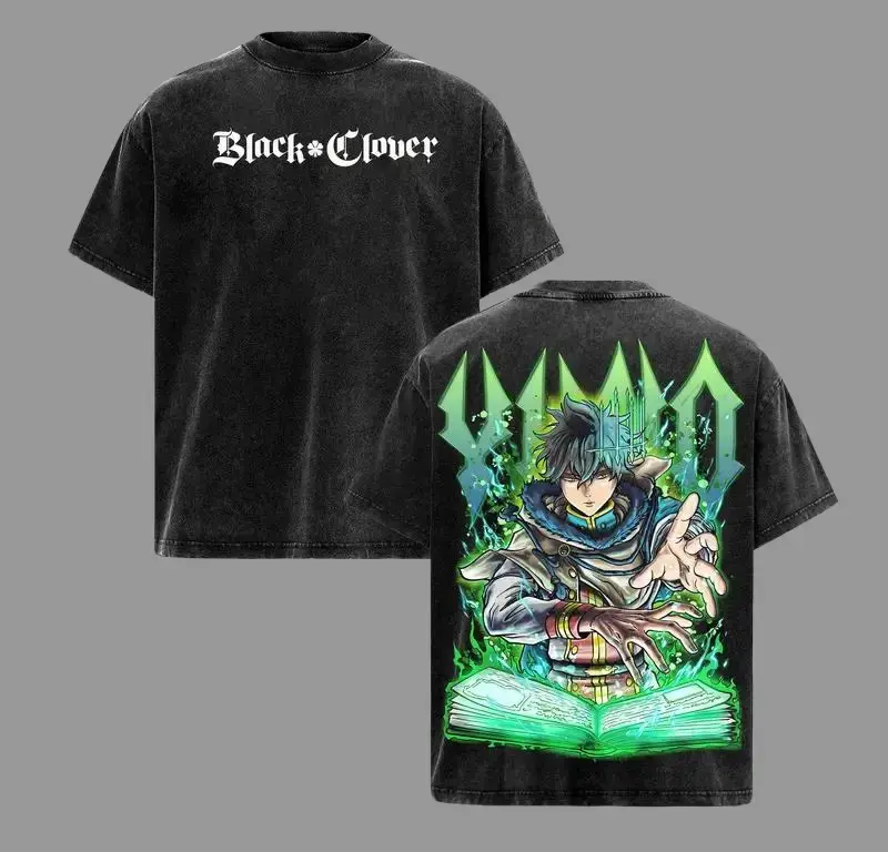 Men's Short-Sleeve Round Neck Graphic T-Shirt - Yuno Black Clover Anime Vintage Washed Oversized Crewneck, Wind Magic Spirit Mage Clover Kingdom Streetwear Casual Top, Shortsleeve