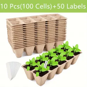 100 Paper Peat Pot Seedling Start Pots and Trays, Vintage Style, with 50 Labels, Multiple Components, for Sprouting Plant Start Kits