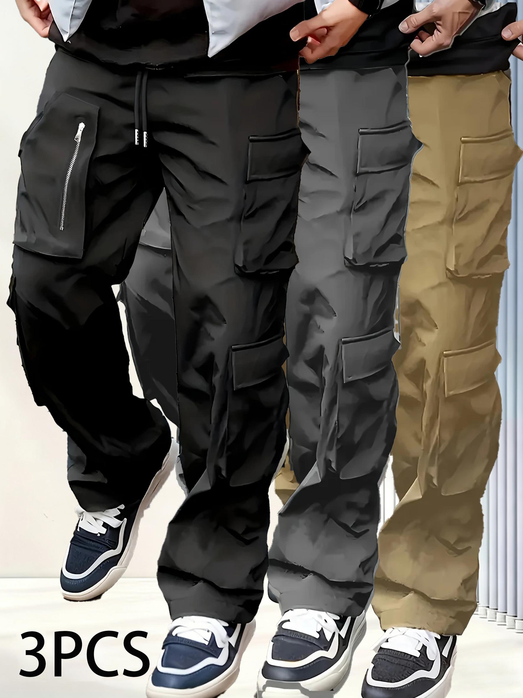 3-Pack Men's Casual Cargo Pants Zipper Detail Multi-Pocket Durable Work Trousers