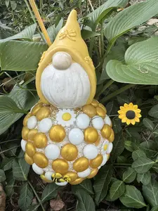 Gnome Gazing Ball on 8" marble covered sphere w sunflower and bee decor.