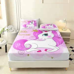 Cute Cartoon Unicorn Print Bedding Set, Includes Fitted Sheet and 2 Pillowcases, Breathable Polyester Fiber, All Seasons