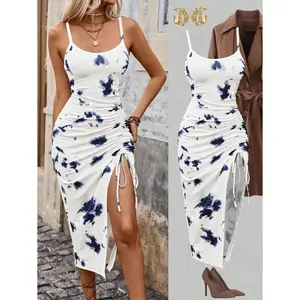 Bohemian Pleated Slit Dress, Gradient Color Blocking Effect, Vacation Beach Wear, Long Fitted Silhouette, Spring/Summer Vintage Wedding with Train Women's Ruched Bodycon Elegant Polka Dot Mini Lace Square Neck Floral Sleeve Bowknot Cami rush easy access