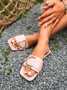 Women's Square Toe Metal Buckle Slides, All-Season Flat Sandals for Casual