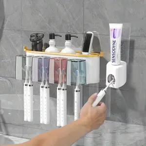1SET Toothbrush Holder Set Wall Mounted Toothbrush Holder with Gargle Cup & Toothpaste Dispenser, Bathroom Organizer for Toothpaste & Brushes, Toothbrush Storage, Home Supplies