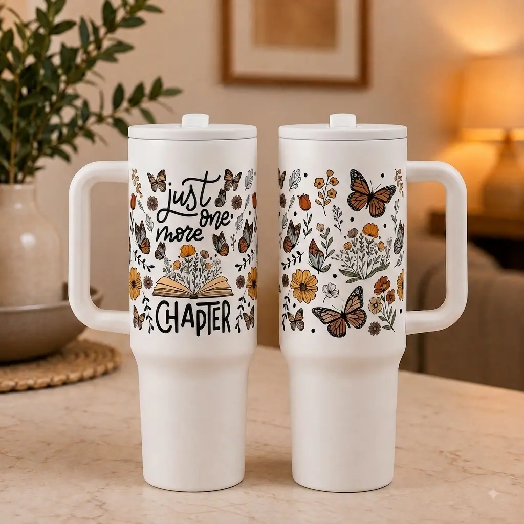 40oz Insulated Stainless Steel Travel Mug with Handle & Flip Straw Lid - Leakproof, 12H Hot/24H Cold, 1 More Chapter Floral Butterfly Design - Bookish Gift for Women Book Lovers Teachers