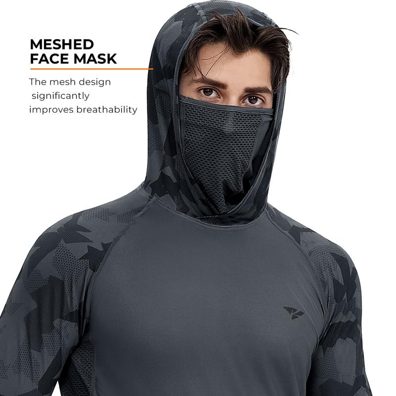 RODEEL 915 Sun Hoodie Shirts with Mask Neck Gaiter Men UPF 50+ UV Protection Raglan Long Sleeve Lightweight Quick Dry Moisture Wicking Breathable Cooling Athletic Activewear for Outdoor Hiking Fishing Boating Biking Sport Construction Roofing Landscaping