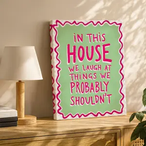 Playful Wall Art, Wavy Border Humorous Home Quote Poster, Bold Hand-Drawn Printing, Green Pink White Canvas Decoration, Living Room & Entryway Aesthetic, Perfect Housewarming Gift, Framed.