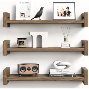 Upgraded Floating Shelves for Wall, Set of 3 Solid Wood Wall Mounted Shelves, 16" Rustic Walnut Display Shelf for Bedroom, Living Room, Bathroom, and Kitchen Decor - Heavy-Duty & Natural Pine