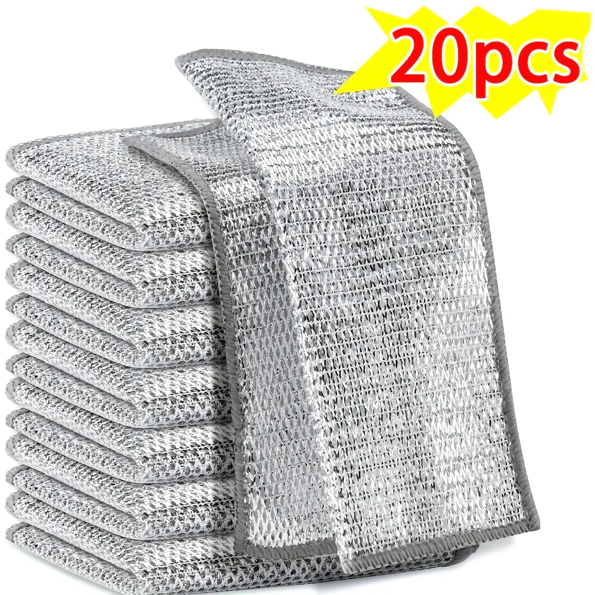 10/20 Pcs Double Layer Silver Color Wire Mesh Cleaning Cloths, Magic Dual-Sided Metal Cloth, Kitchen Dishwashing Sponge, Brush Pot Washing Towel, House Cleaning Tools, Thickened Magic Cleaning Cloth, Cleaning Supplies