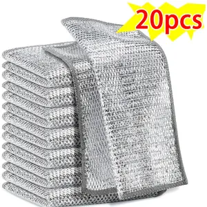 10/20 Pcs Double Layer Silver Color Wire Mesh Cleaning Cloths, Magic Dual-Sided Metal Cloth, Kitchen Dishwashing Sponge, Brush Pot Washing Towel, House Cleaning Tools